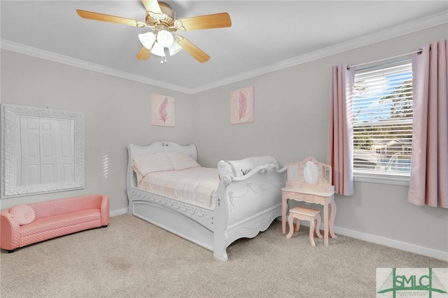 carpeted bedroom featuring crown molding and ceiling fan