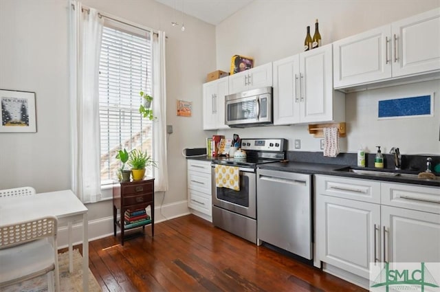 kitchen featuring stainless steel appliances, white cabinetry, sink, and dark hardwood / wood-style floors