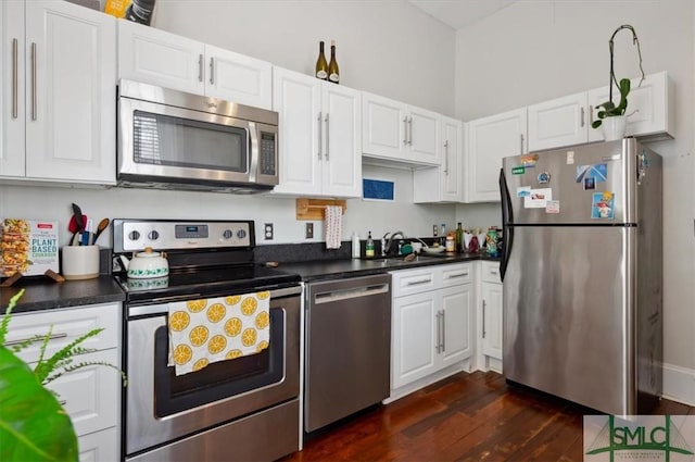 kitchen with sink, stainless steel appliances, dark hardwood / wood-style floors, and white cabinets