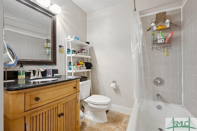 full bathroom featuring vanity, shower / bath combination with curtain, and toilet