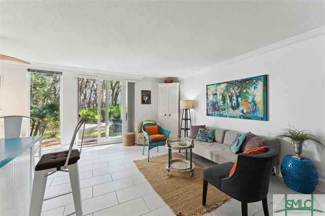 tiled living room with a textured ceiling