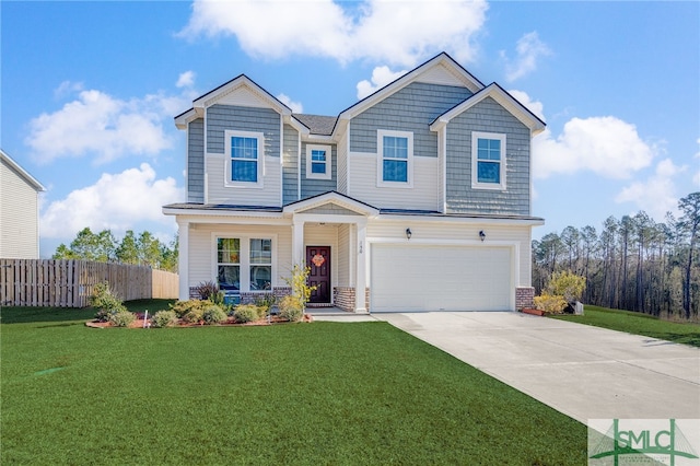 craftsman house with a garage, a porch, and a front yard