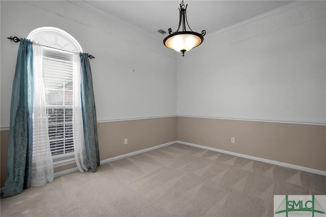 spare room with ornamental molding and carpet