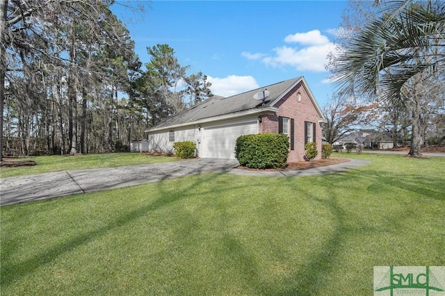 view of property exterior featuring a garage and a lawn