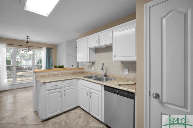 kitchen with white cabinetry, dishwasher, sink, and kitchen peninsula