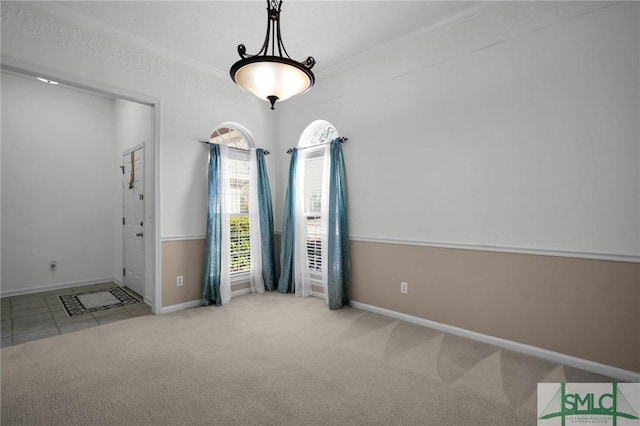 carpeted spare room with ornamental molding