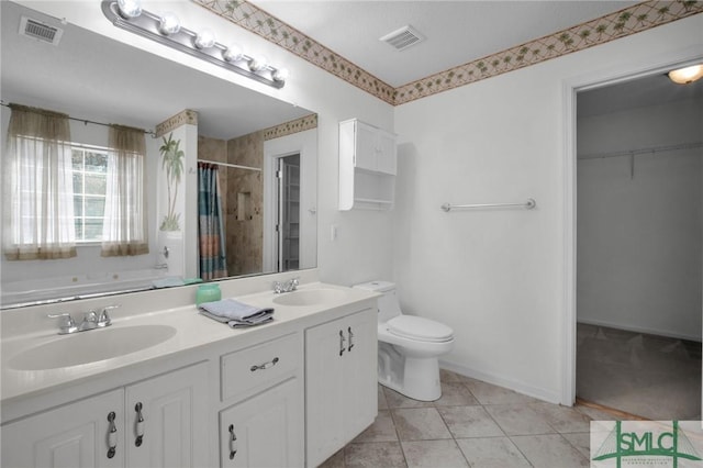 full bathroom featuring tile patterned floors, vanity, toilet, and separate shower and tub