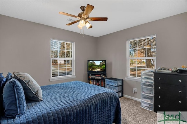 bedroom featuring carpet flooring and ceiling fan