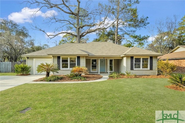 single story home featuring a garage and a front lawn