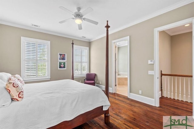 bedroom featuring ornamental molding, ensuite bathroom, ceiling fan, and dark hardwood / wood-style flooring