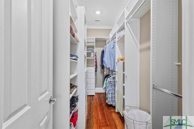 spacious closet with dark wood-type flooring