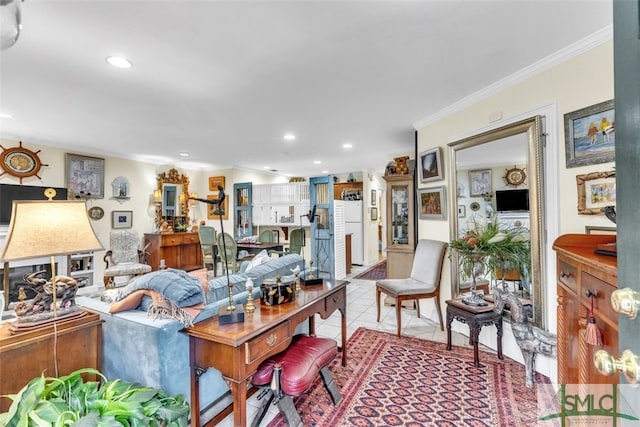 living room with crown molding and light tile patterned floors