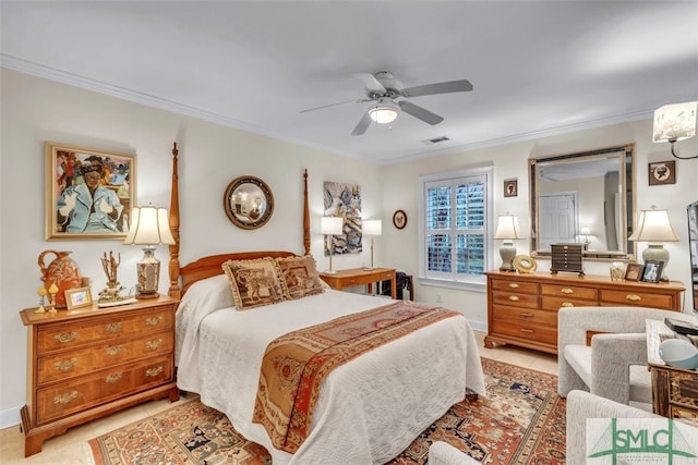 bedroom with ceiling fan, ornamental molding, and light tile patterned floors