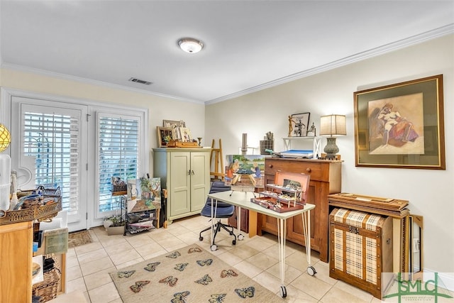 office area with light tile patterned floors and crown molding