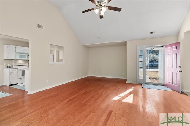 unfurnished living room with light hardwood / wood-style flooring, high vaulted ceiling, and ceiling fan