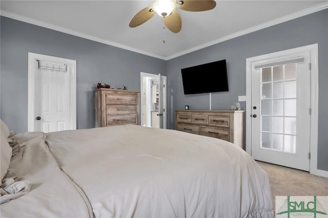 bedroom with ceiling fan, light colored carpet, and ornamental molding