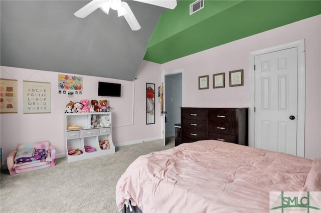 carpeted bedroom featuring lofted ceiling and ceiling fan