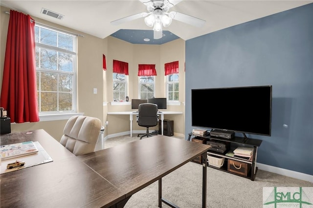 office area featuring carpet floors and ceiling fan