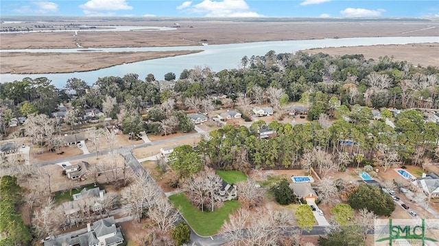 drone / aerial view with a water view