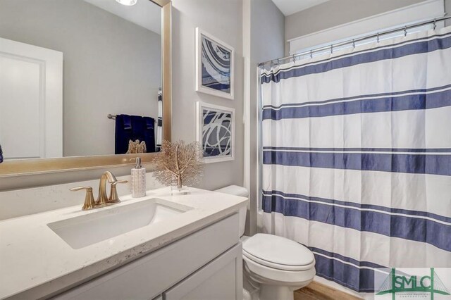 bathroom featuring vanity, toilet, and curtained shower