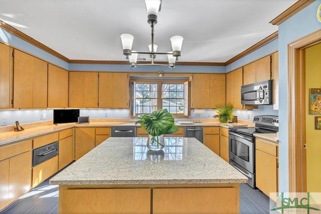 kitchen featuring crown molding, appliances with stainless steel finishes, and light stone counters