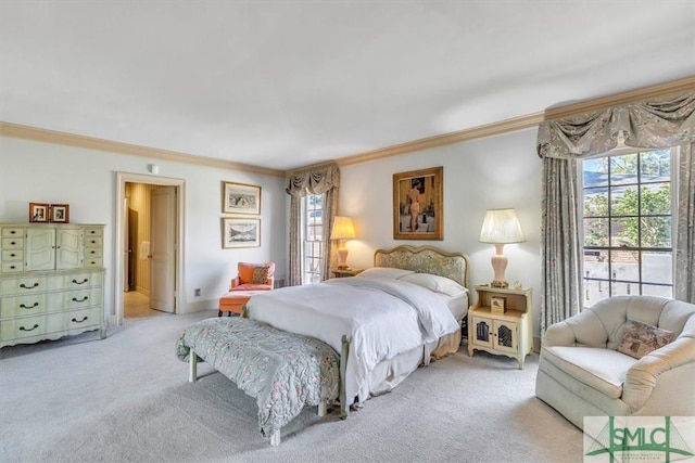 bedroom featuring crown molding and light colored carpet