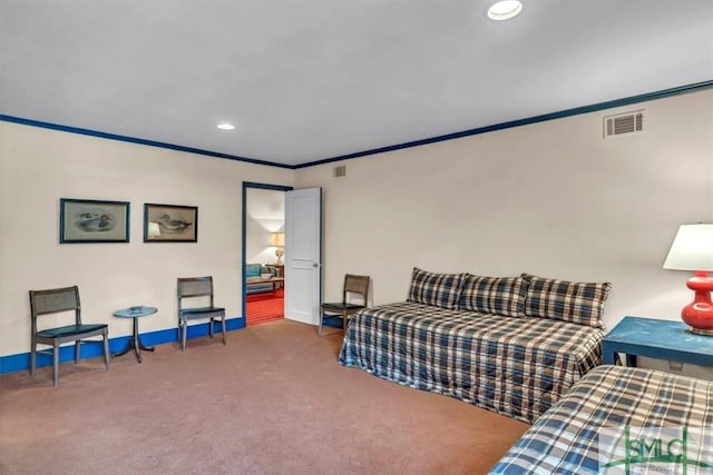 bedroom featuring carpet floors and ornamental molding