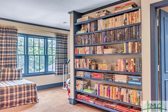 sitting room with crown molding and carpet flooring