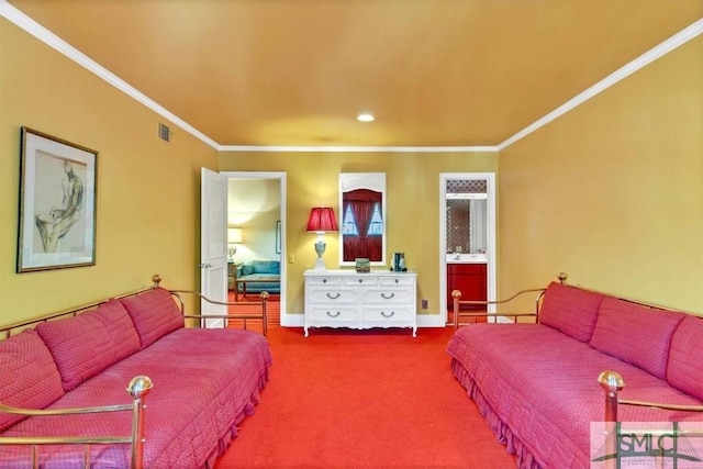 living room featuring crown molding and carpet flooring