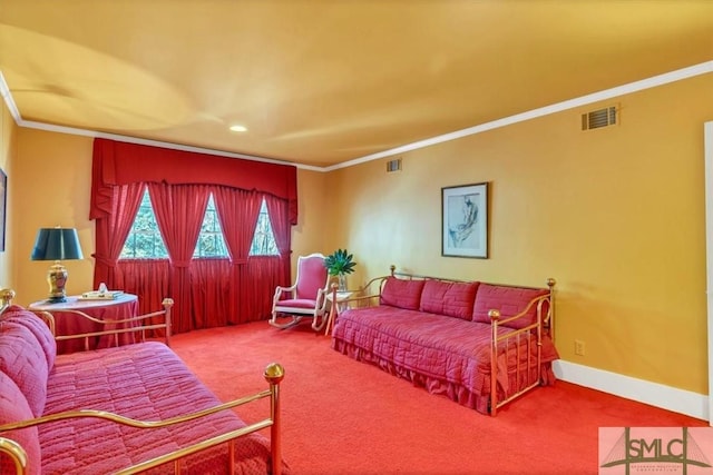 carpeted living room with ornamental molding