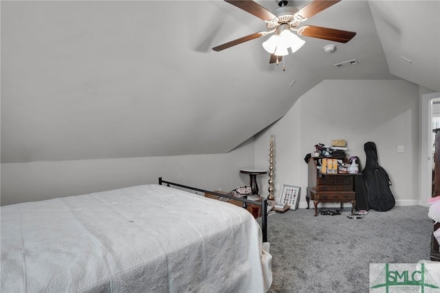 bedroom featuring vaulted ceiling, ceiling fan, and carpet flooring