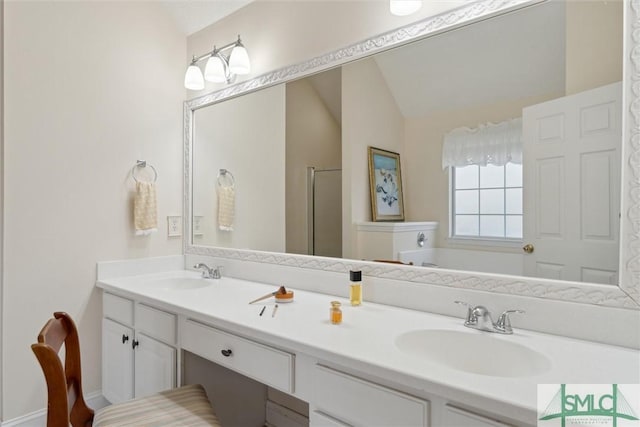 bathroom with vanity, vaulted ceiling, and plus walk in shower