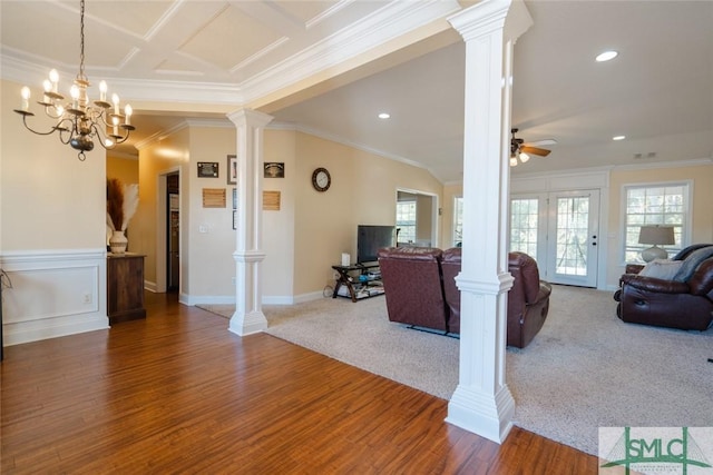 164 Glynn Ct, Hinesville, GA 31313 - living room with ornate columns, crown molding, hardwood / wood-style flooring, and ceiling fan
