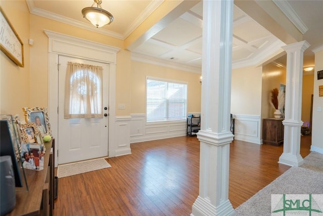 164 Glynn Ct, Hinesville, GA 31313 - entrance foyer with coffered ceiling, beam ceiling, wood-type flooring, and ornate columns