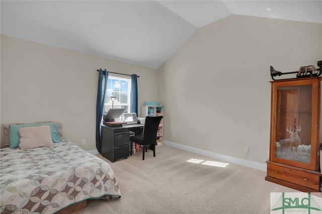 bedroom with lofted ceiling and carpet flooring