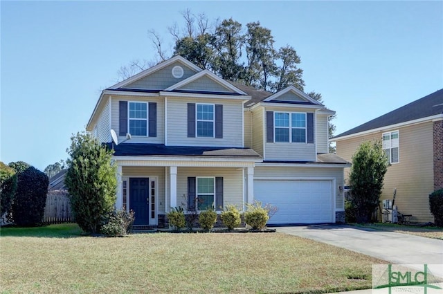 front facade with a garage, covered porch, and a front yard