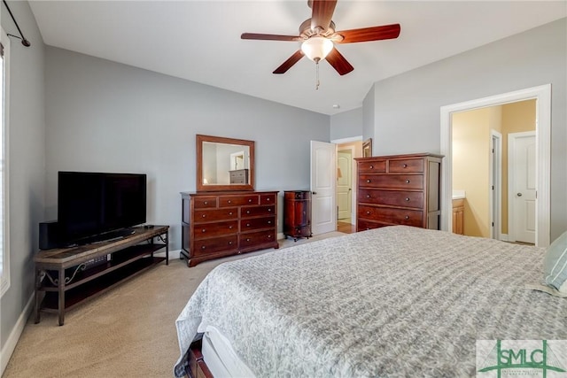 bedroom with ceiling fan and light colored carpet