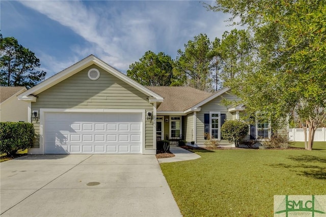 ranch-style house featuring a garage and a front yard