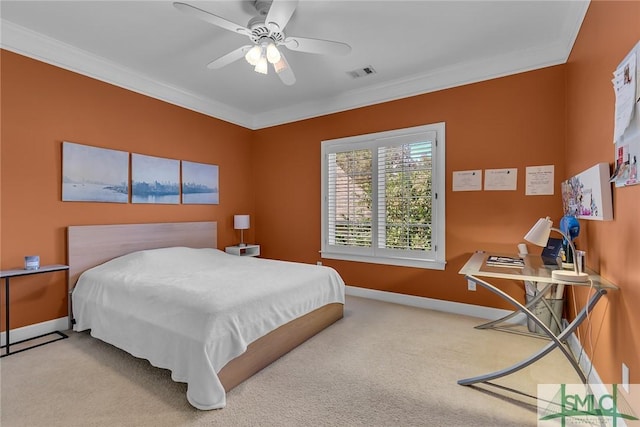 bedroom with light colored carpet and ornamental molding