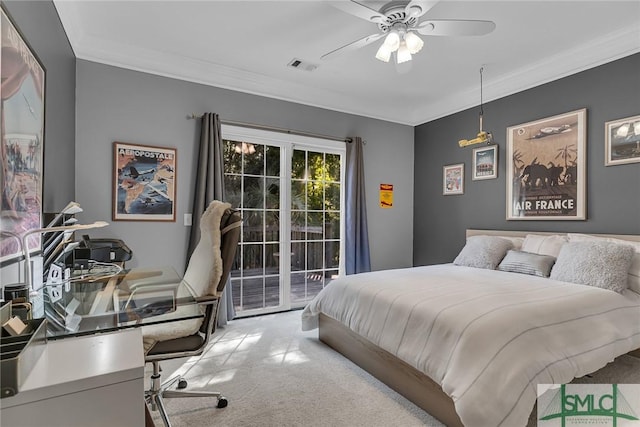 carpeted bedroom with ceiling fan, ornamental molding, and access to exterior