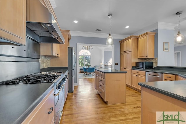 kitchen featuring decorative light fixtures, ventilation hood, light wood-type flooring, appliances with stainless steel finishes, and a kitchen island