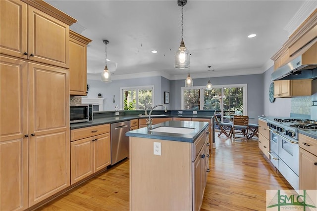 kitchen featuring pendant lighting, sink, backsplash, stainless steel appliances, and a center island with sink