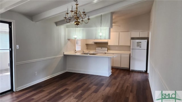 kitchen with white cabinetry, white appliances, dark hardwood / wood-style floors, and kitchen peninsula