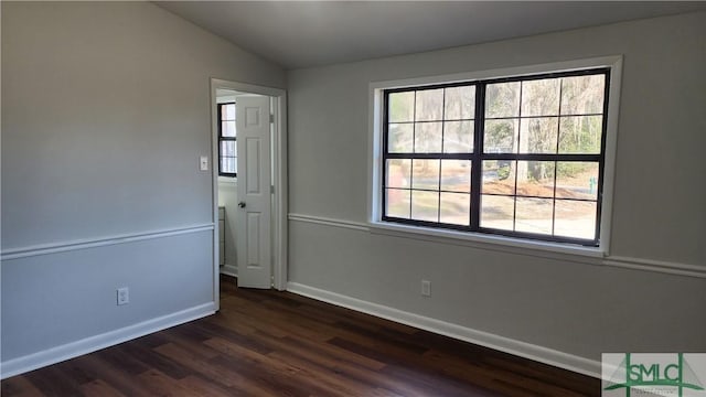 spare room featuring vaulted ceiling and dark hardwood / wood-style floors