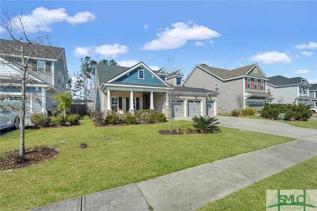 view of front of house featuring a porch, a garage, and a front yard