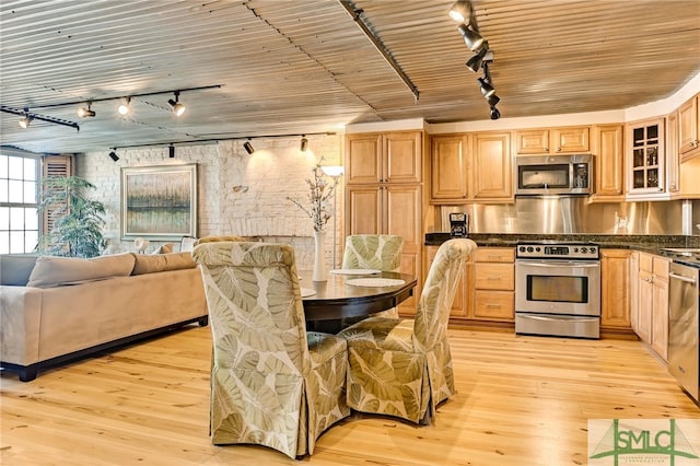 dining space with light hardwood / wood-style floors and rail lighting