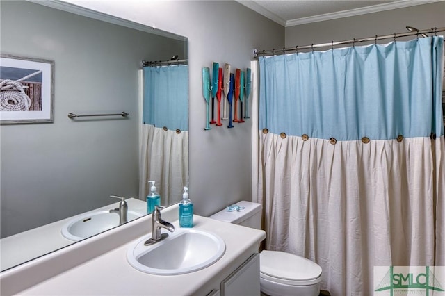 bathroom featuring ornamental molding, vanity, toilet, and a shower with shower curtain