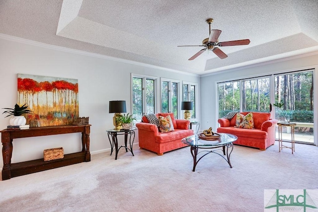 living room with a raised ceiling, ornamental molding, light colored carpet, and a textured ceiling