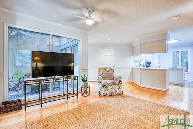 living room with hardwood / wood-style floors, crown molding, a textured ceiling, and ceiling fan