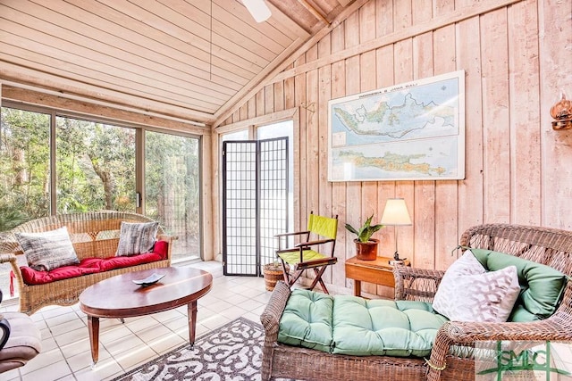 sunroom / solarium featuring lofted ceiling and wooden ceiling